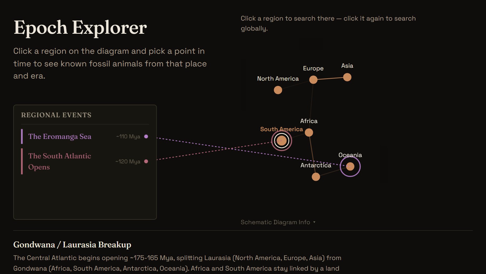 Epoch Explorer showing the continental drift diagram for South America in the Early Cretaceous